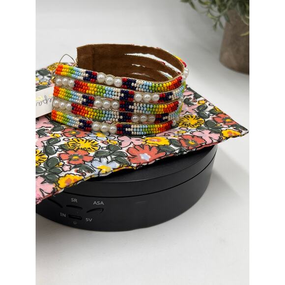 Deepa Gurnani Valli White Faux Pearl Orange/Yellow Multi  Peyote Cuff‎ Bracelet - Picture 4 of 8